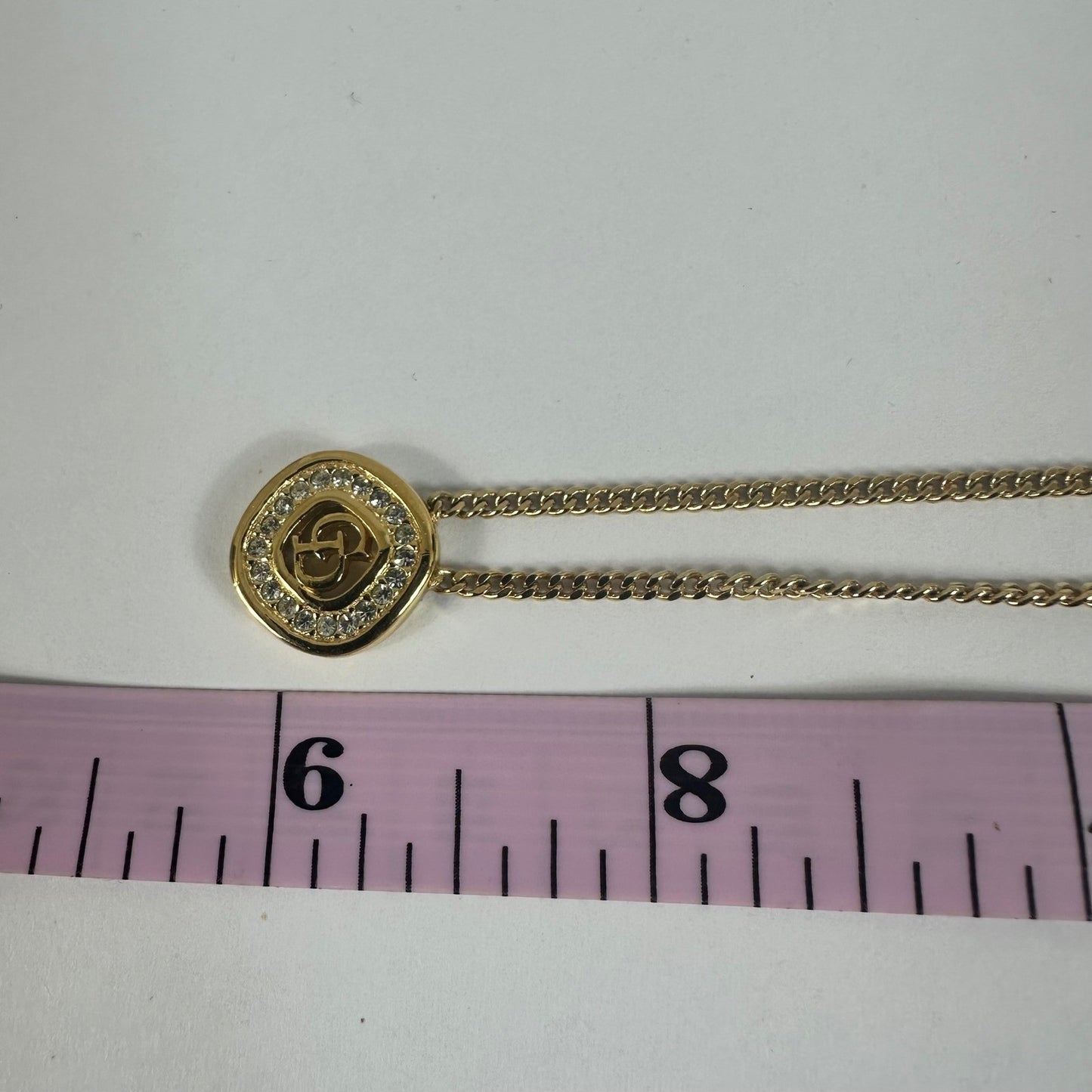 Vintage Christian Dior CD Logo Gold Crystal Pendant Necklace Chain