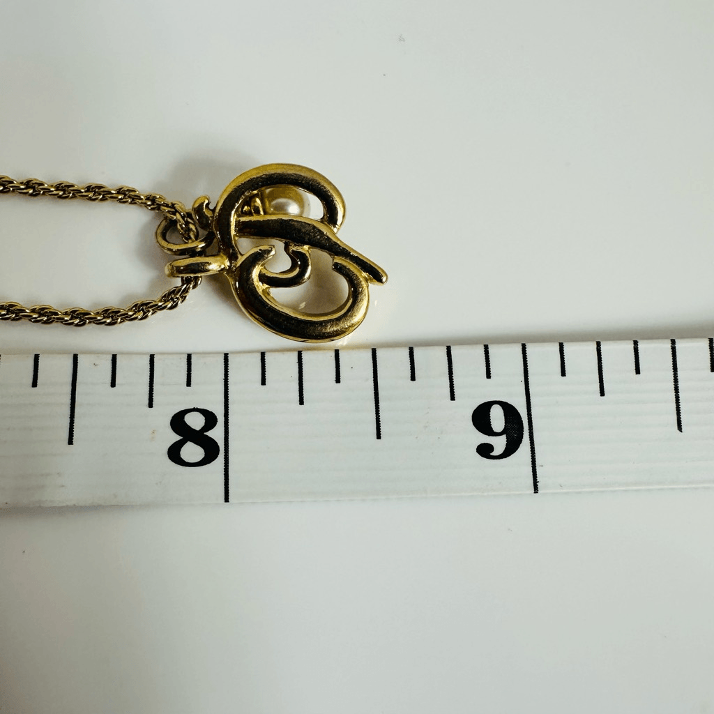 Christian Dior CD Logo Faux Pearl Pendant Necklace Gold Tone