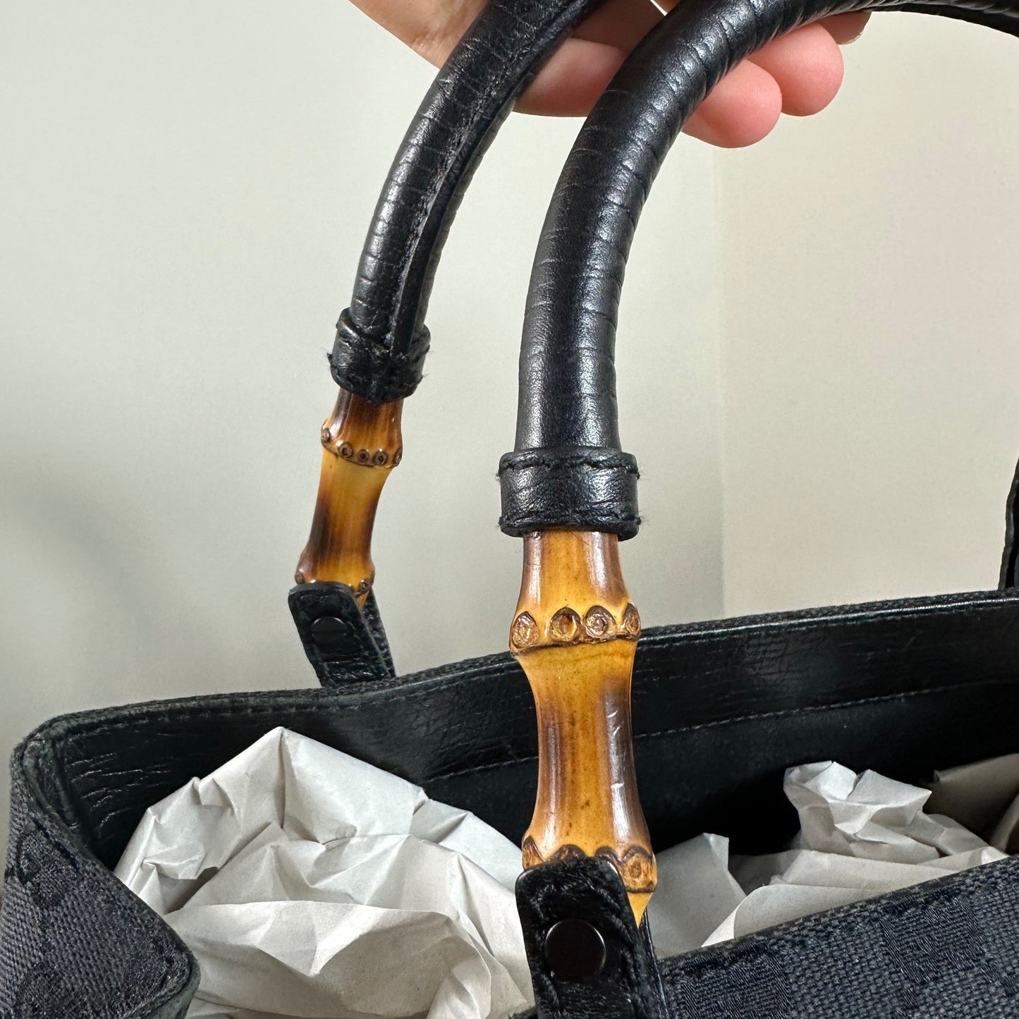 Gucci GG Canvas Bamboo Handle Tote Bag Handbag Black