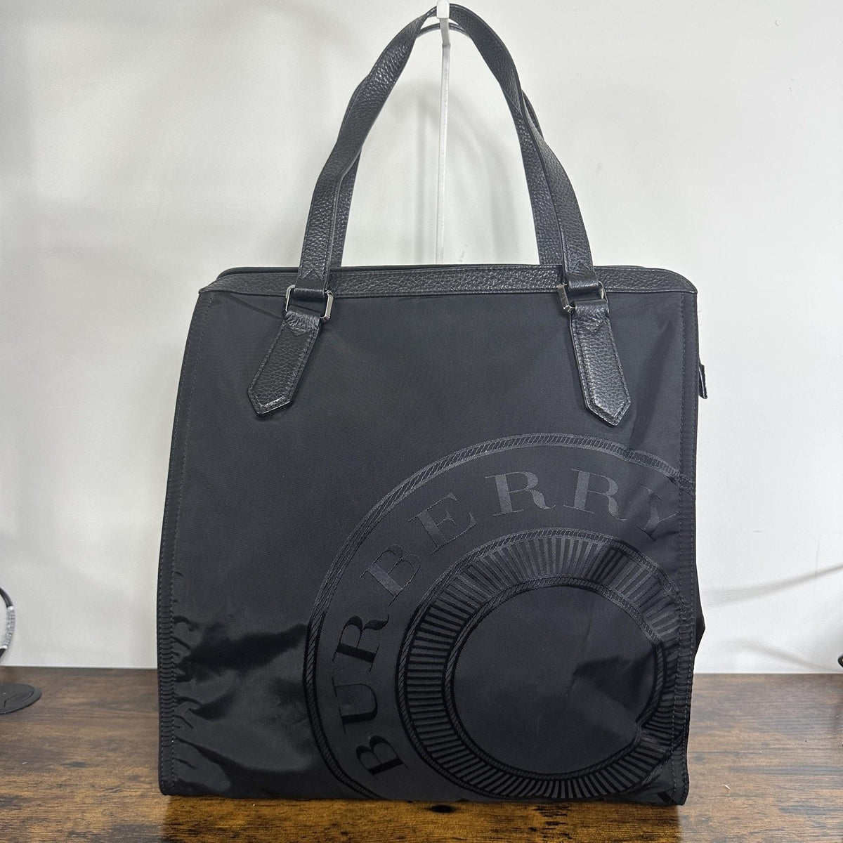 Burberry Tote Bag Womens Large Black Nylon Leather Logo Shoulder Zip Top Handle