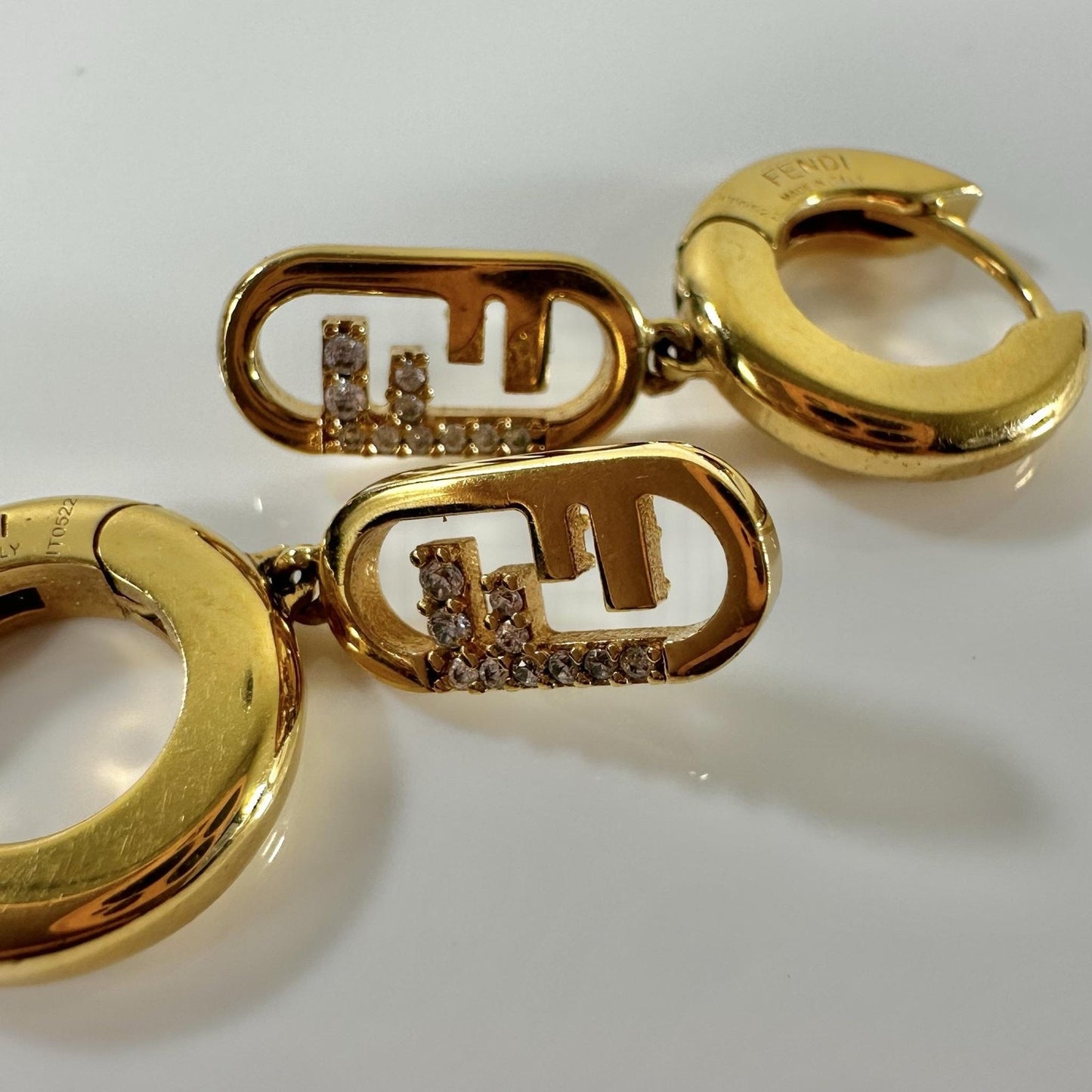 Fendi FF Logo Gold Tone Rhinestone Logo Huggie Drop Earrings 1.5in Made In Italy