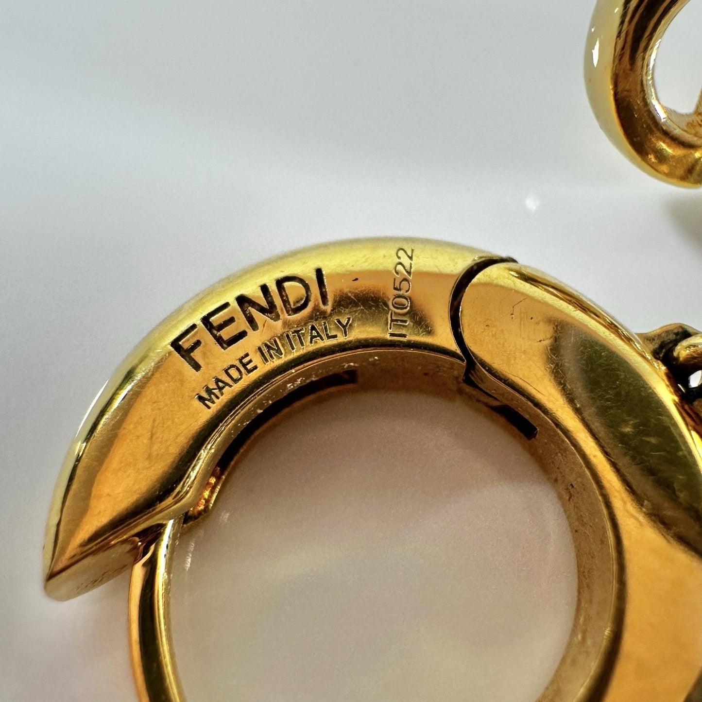 Fendi FF Logo Gold Tone Rhinestone Logo Huggie Drop Earrings 1.5in Made In Italy