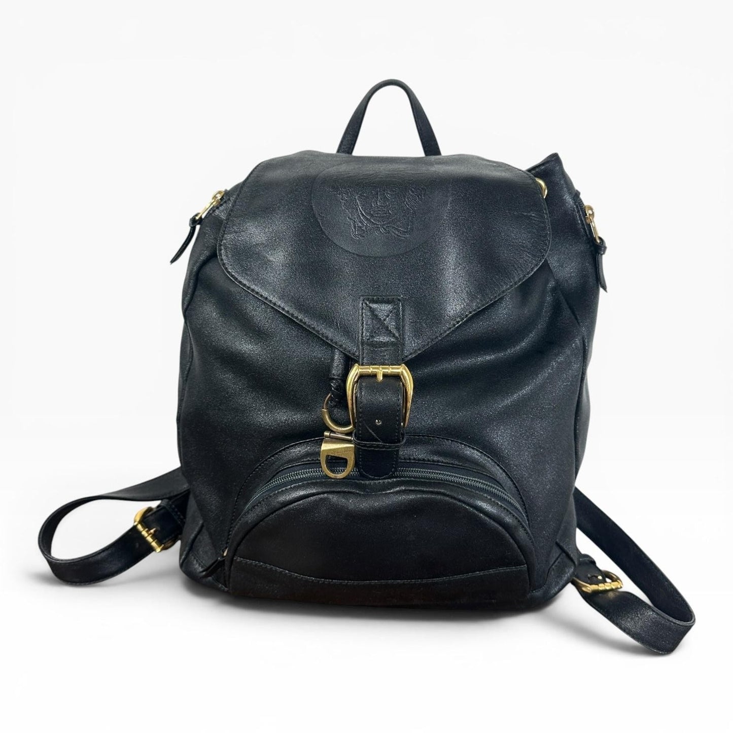 Gianni Versace Vintage Backpack Bag Medium Black Leather Medusa Men Women