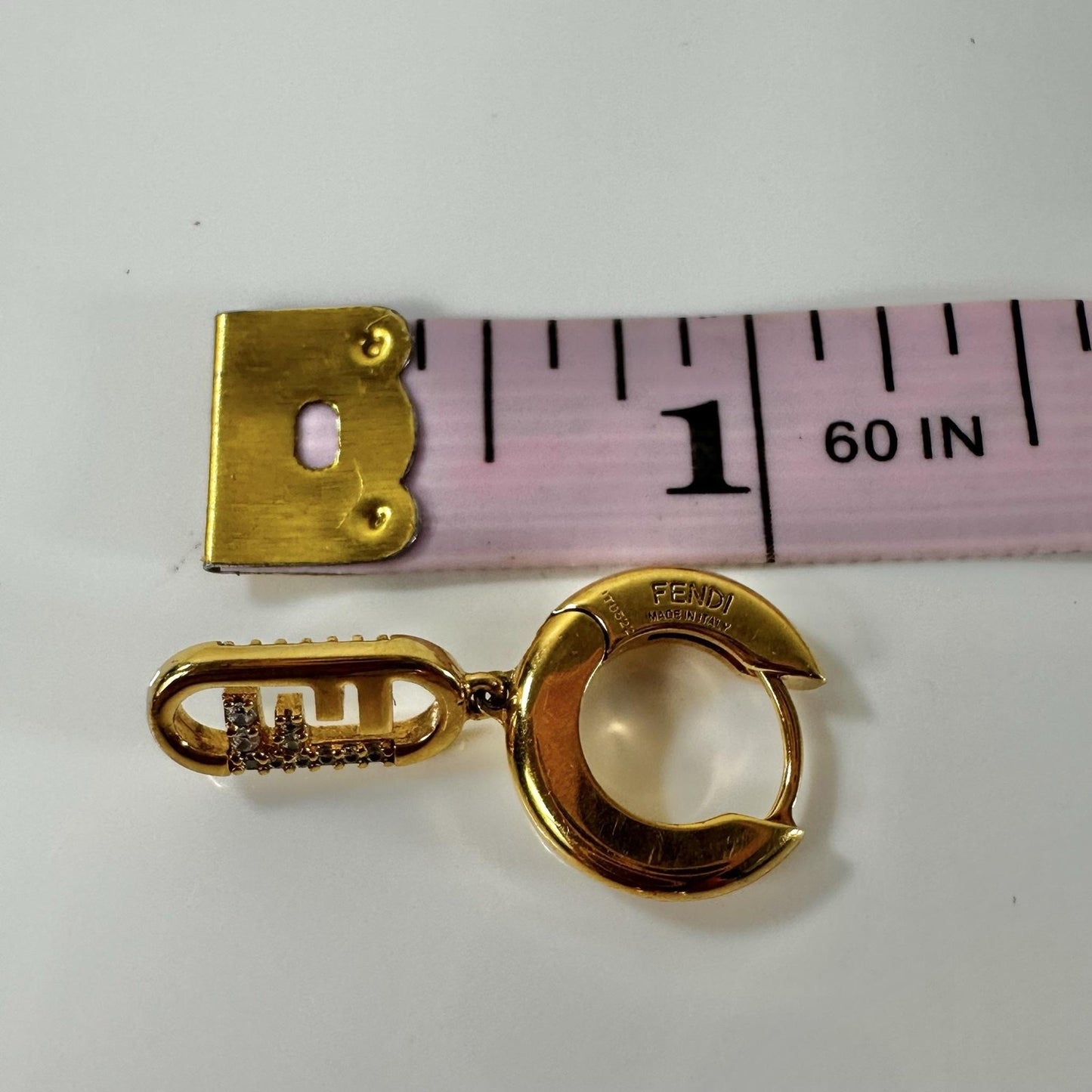 Fendi FF Logo Gold Tone Rhinestone Logo Huggie Drop Earrings 1.5in Made In Italy
