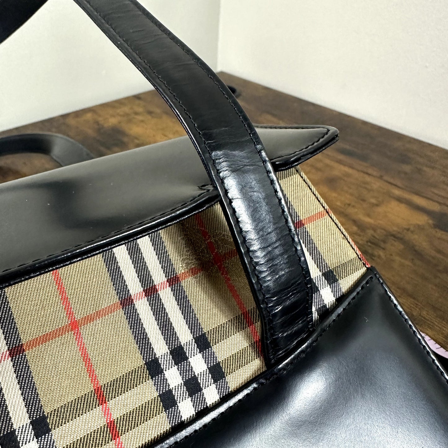 Burberry Nova Check Black Leather Shoulder Bag Authentic Vintage