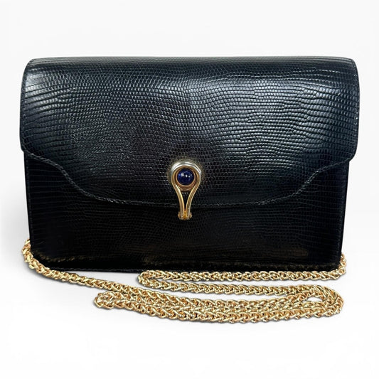 Gucci Lapis Lazuli Lizard Skin Vintage Bag Small Black Leather Italy
