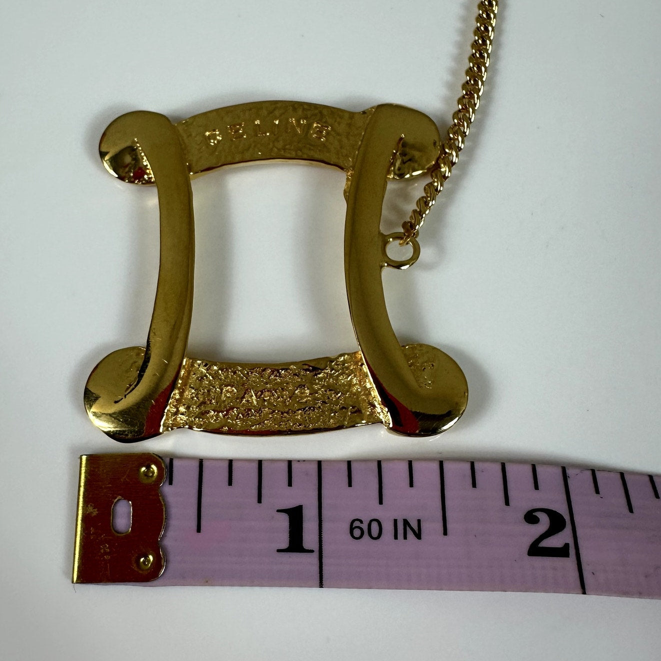 Vintage CELINE 1990 Gold Tone Scarf Clip Brooch Bar Frame Made in Italy Chain