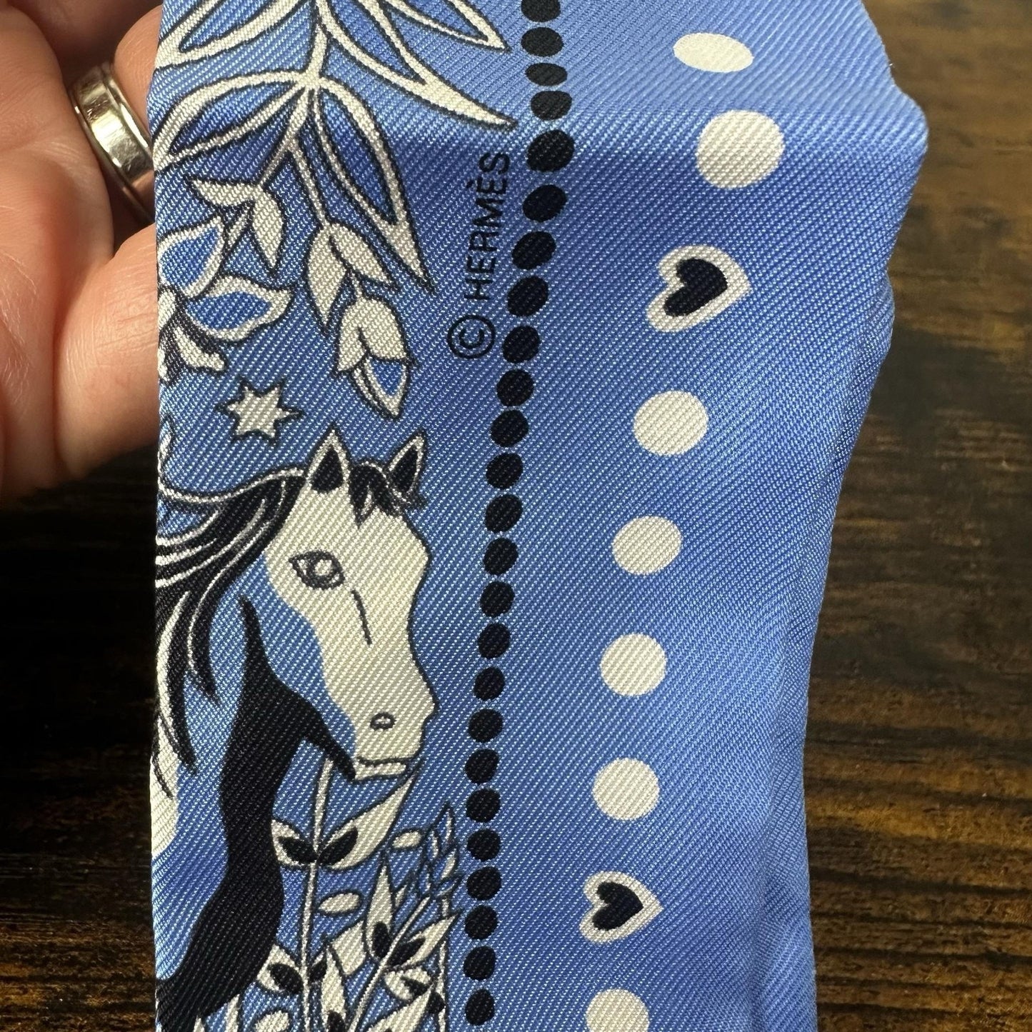 Hermes Twilly Scarf Womens One Size Blue Silk Horse Polka Dot Bandeau France