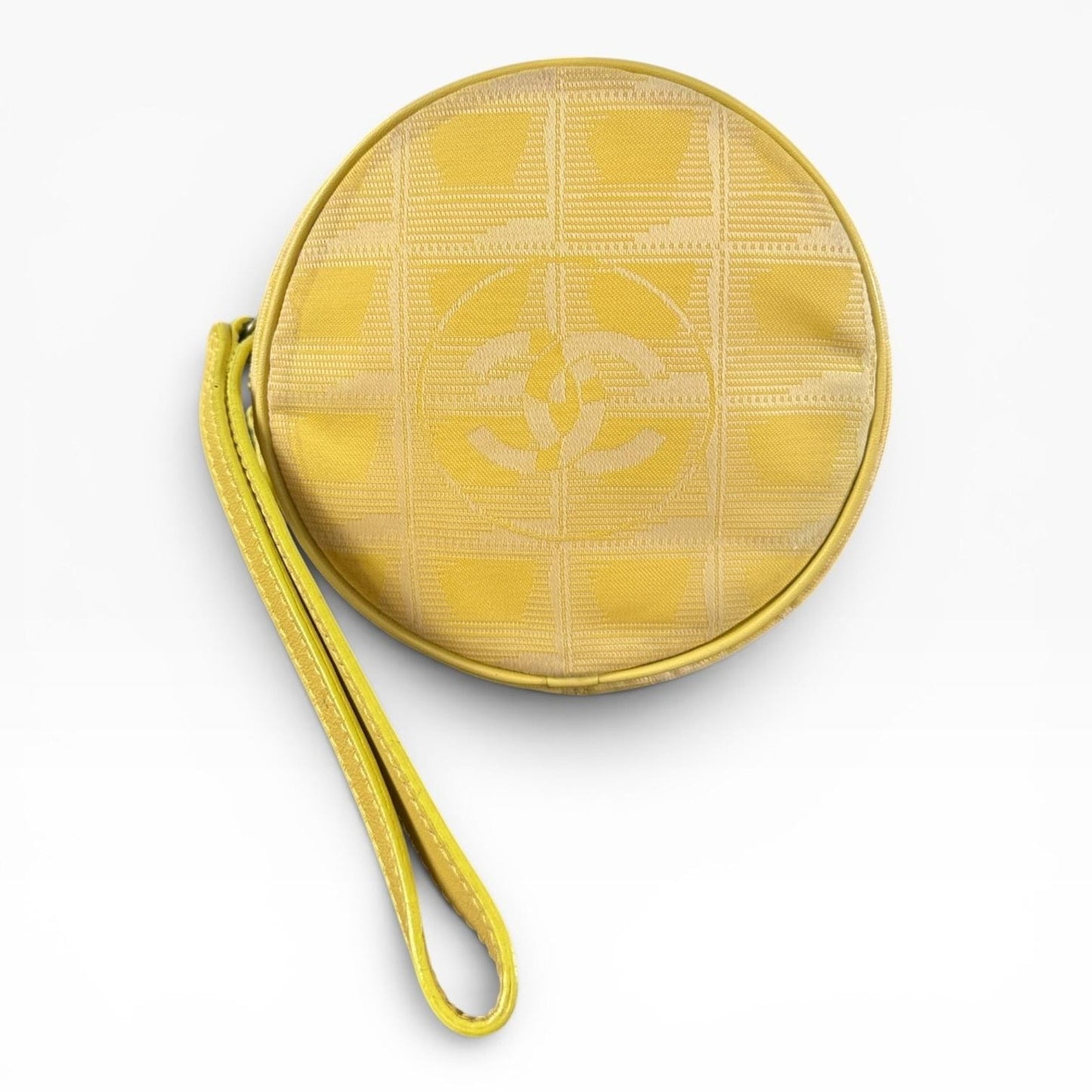 Chanel Vintage Travel Line Round Mini Pouch Bag Yellow Canvas CC Logo Wristlet