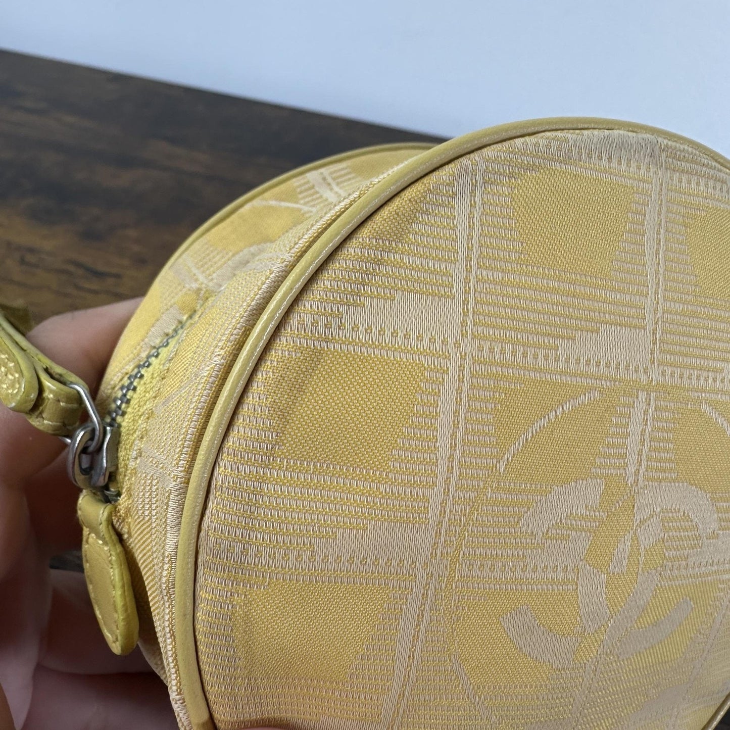 Chanel Vintage Travel Line Round Mini Pouch Bag Yellow Canvas CC Logo Wristlet