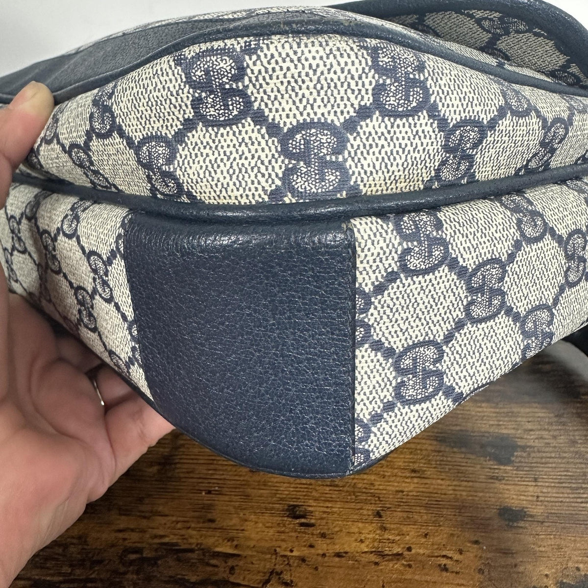 Gucci GG Monogram Vintage Crossbody Bag Medium Beige Blue Canvas Italy