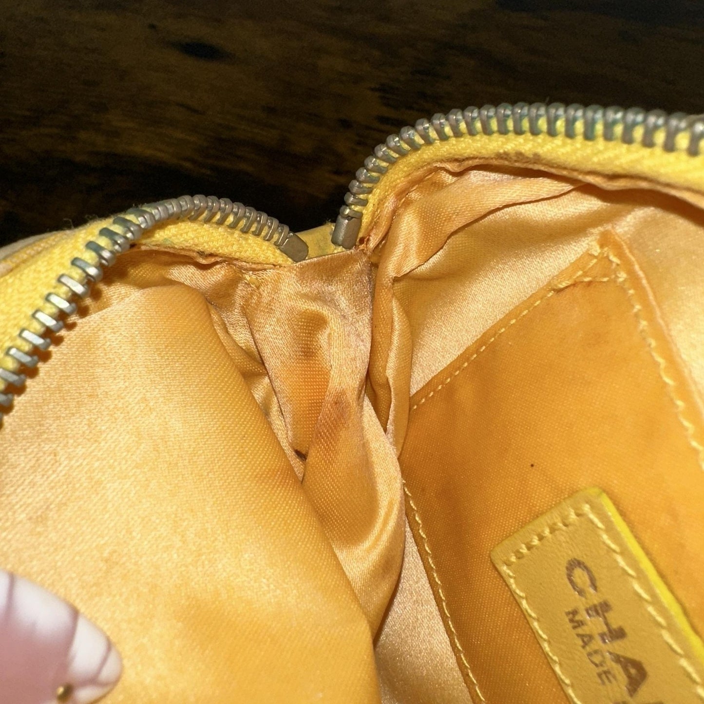 Chanel Vintage Travel Line Round Mini Pouch Bag Yellow Canvas CC Logo Wristlet