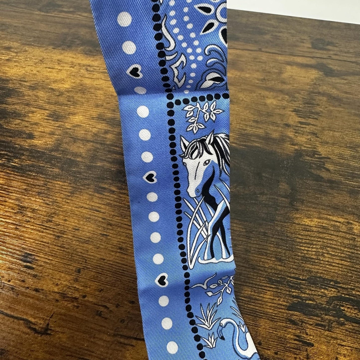 Hermes Twilly Scarf Womens One Size Blue Silk Horse Polka Dot Bandeau France