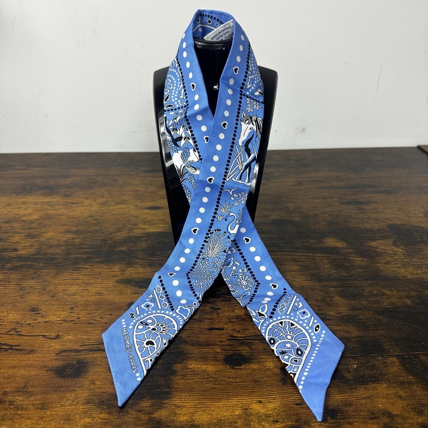 Hermes Twilly Scarf Womens One Size Blue Silk Horse Polka Dot Bandeau France
