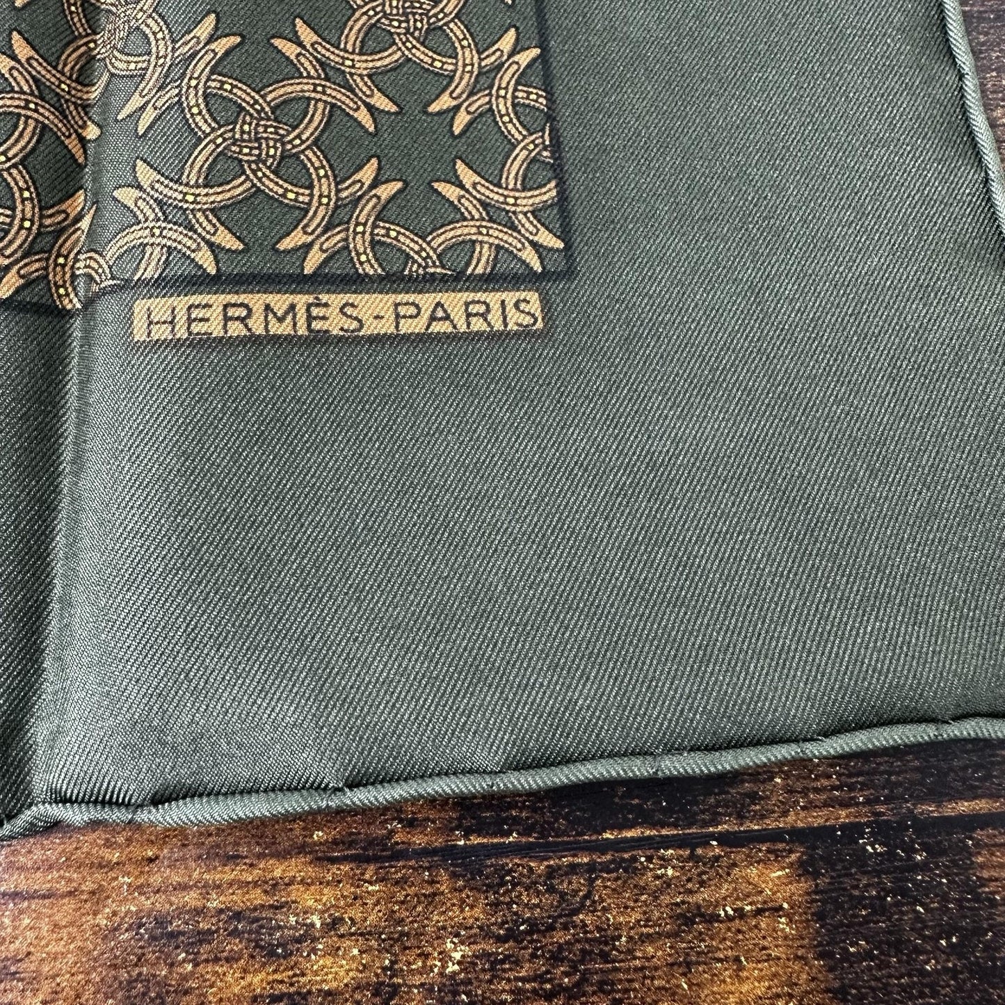 Hermes Silk Square Scarf 16.5” Green Twill Geometric Pattern Print