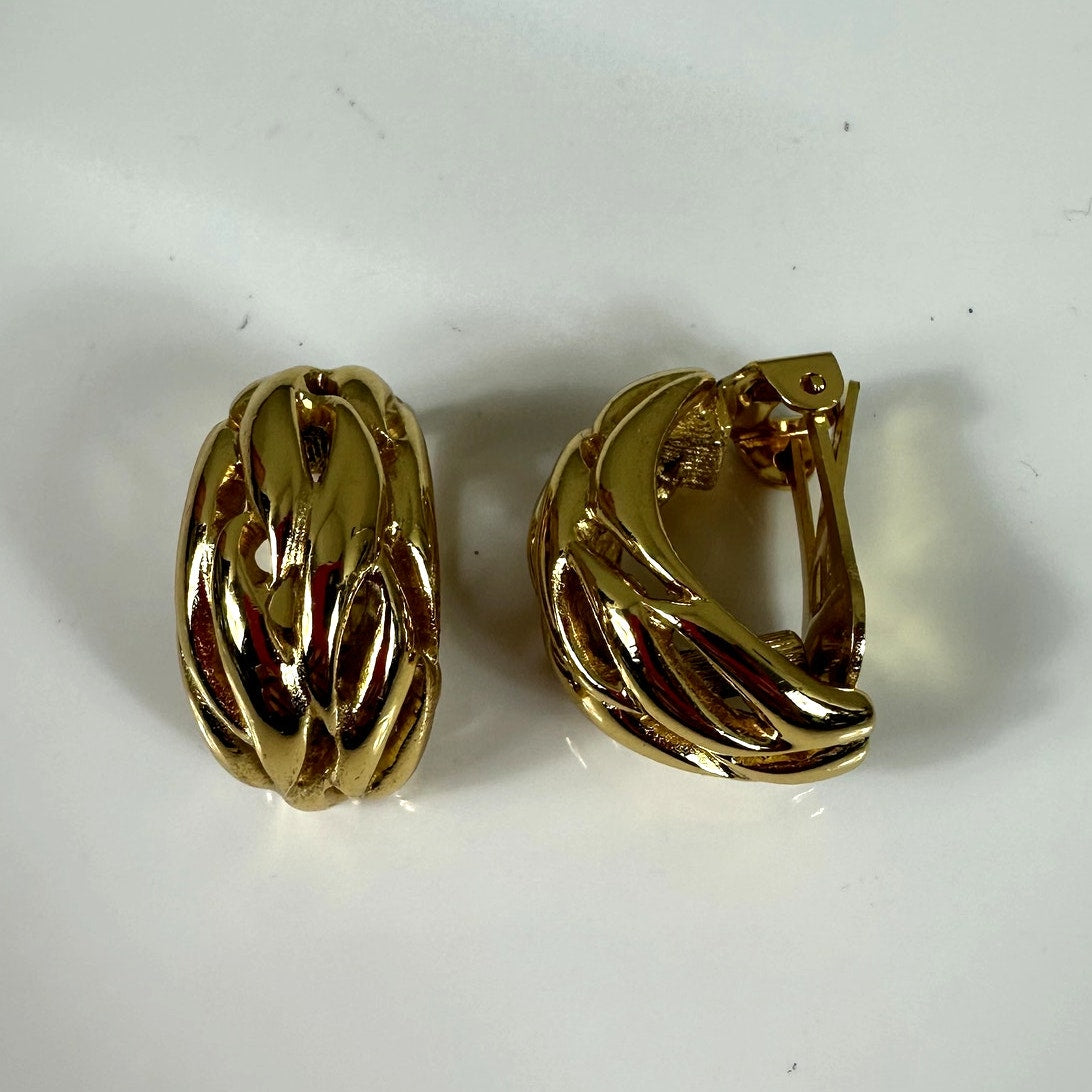 Christian Dior Vintage Gold Tone Half Hoop Clip On Earrings Vintage Authentic