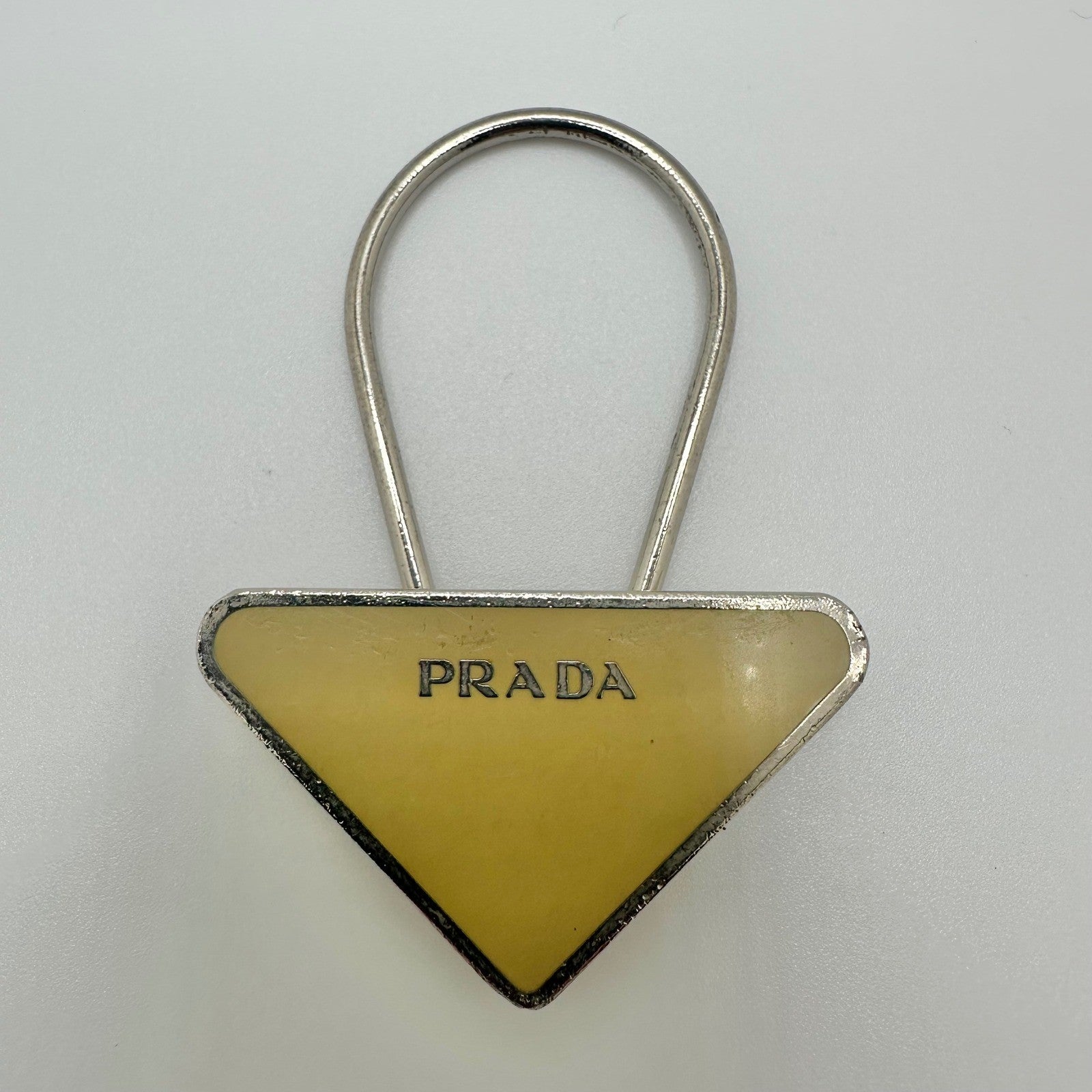 Authentic Prada Triangle Logo Key Ring Keychain Yellow Enamel Silver Tone
