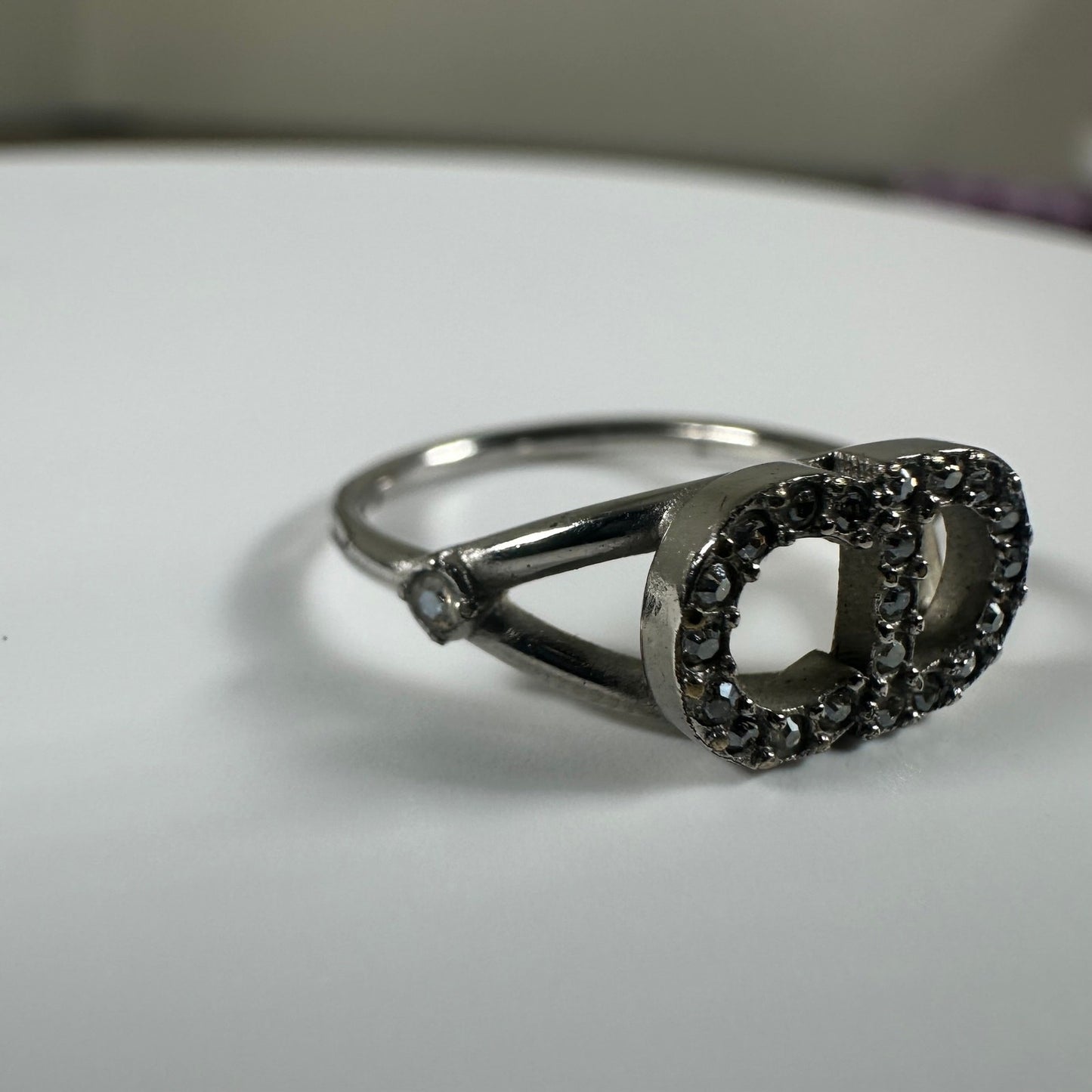 Authentic Christian Dior CD Logo Ring with Rhinestones
