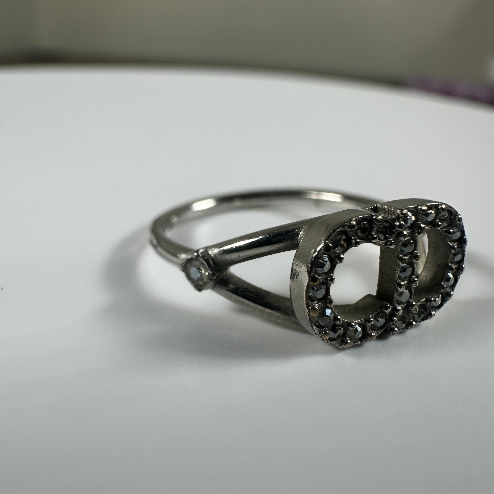 Authentic Christian Dior CD Logo Ring with Rhinestones