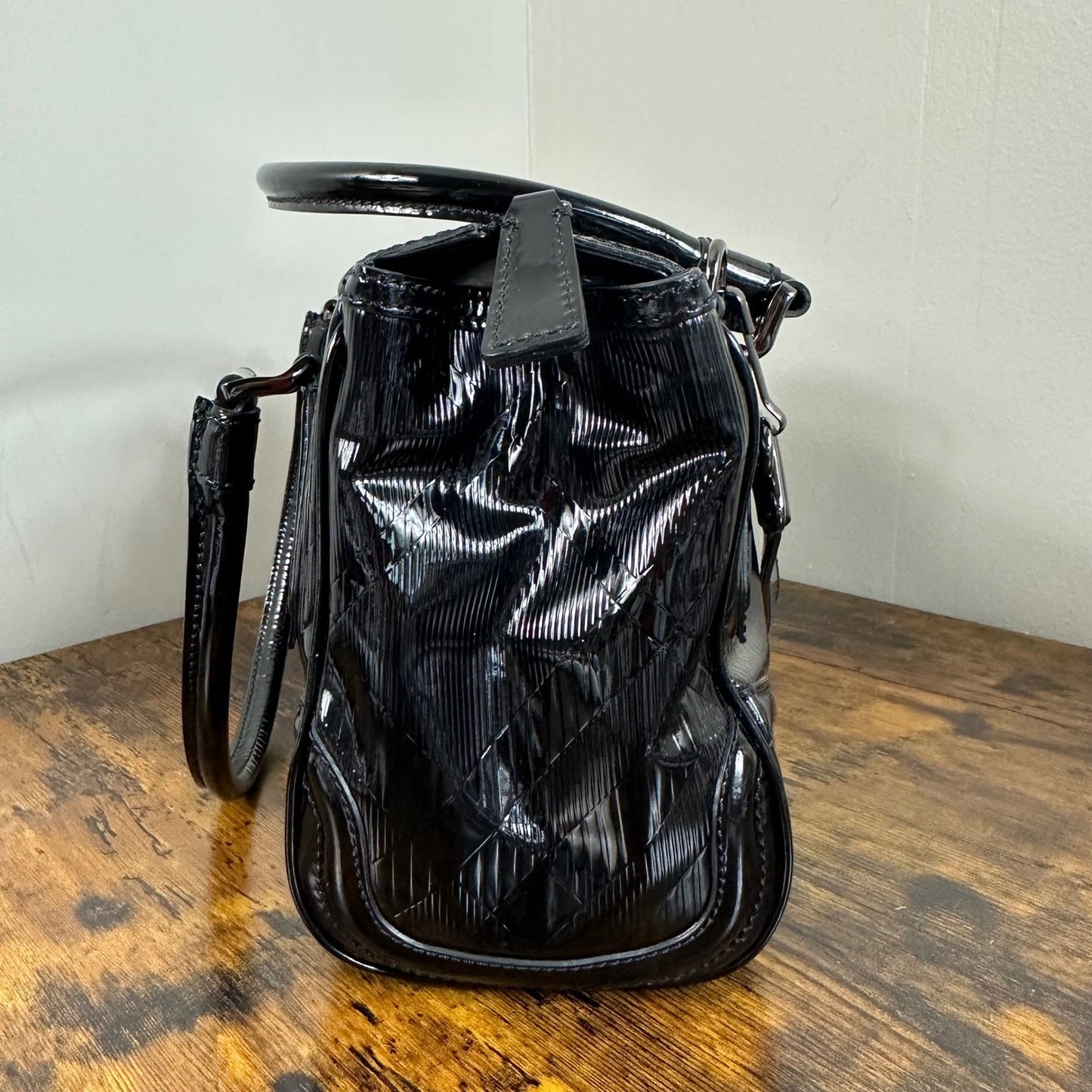 Burberry Black Patent Leather Satchel Handbag Shoulder Bag Made in Italy
