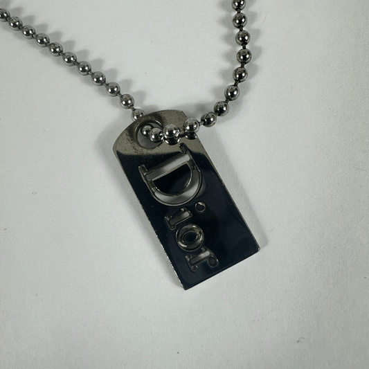 Christian Dior Silver Tone Dog Tag Ball Chain Pendant Necklace