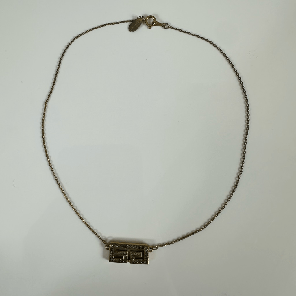 Givenchy 1977 G Logo Rhinestone Choker Necklace Gold Tone Vintage 14”