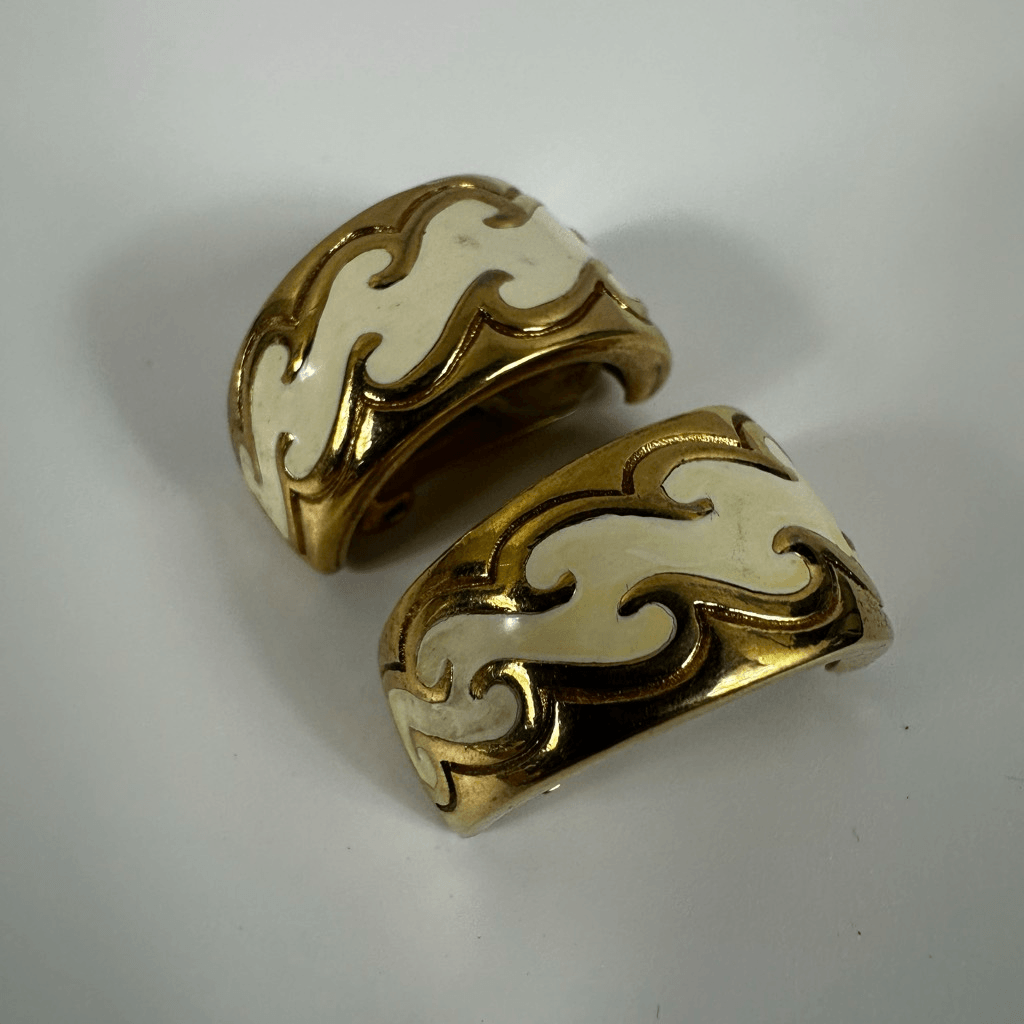 Christian Dior Vintage Hoop Clip On Earrings White Enamel Gold Tone Signed