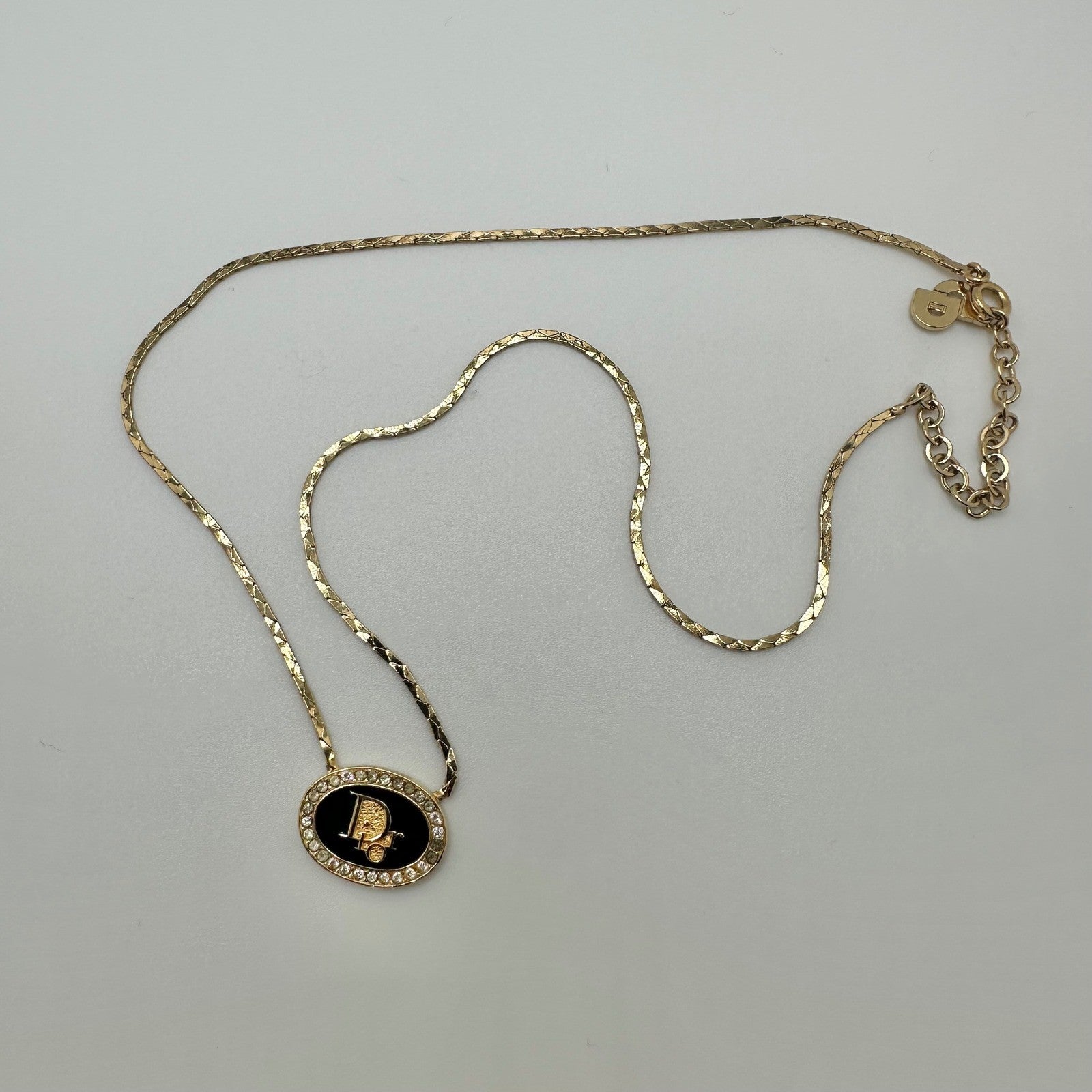 Christian Dior Necklace Gold Tone Rhinestone Logo Pendant Designer Jewelry