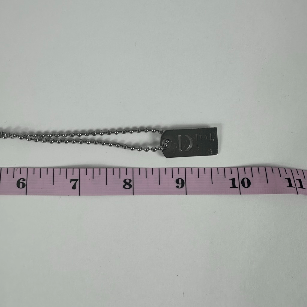 Christian Dior Silver Tone Dog Tag Ball Chain Pendant Necklace