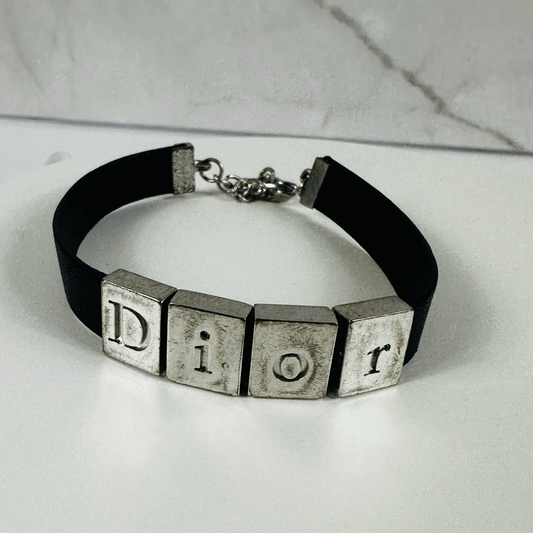 Christian Dior Leather Silver Tone Adjustable Bracelet