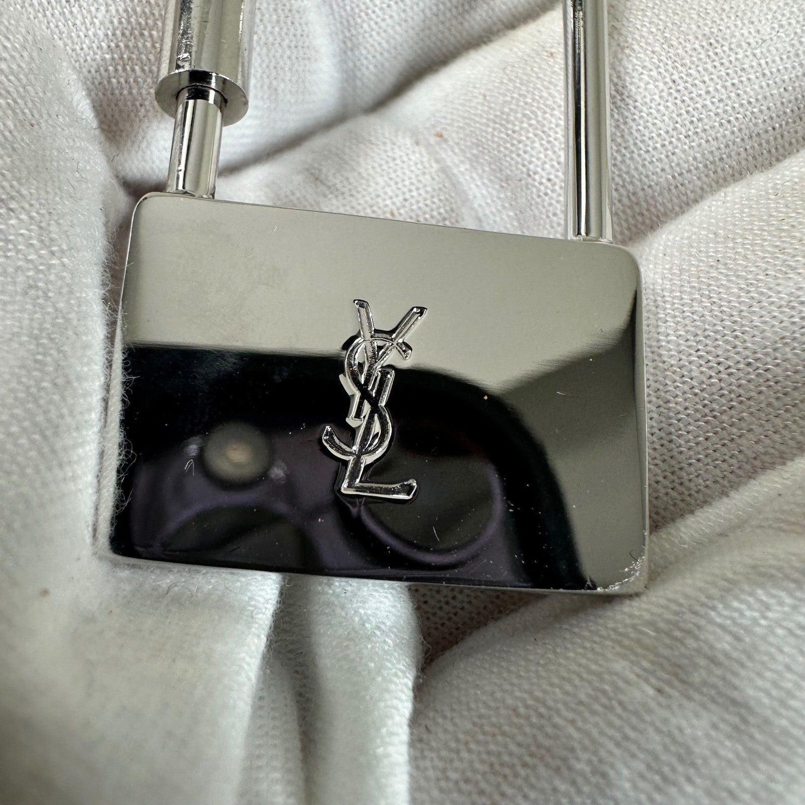 YSL Yves Saint Laurent Padlock Bag Charm Key Ring Silver Greek Key w/Box Vintage