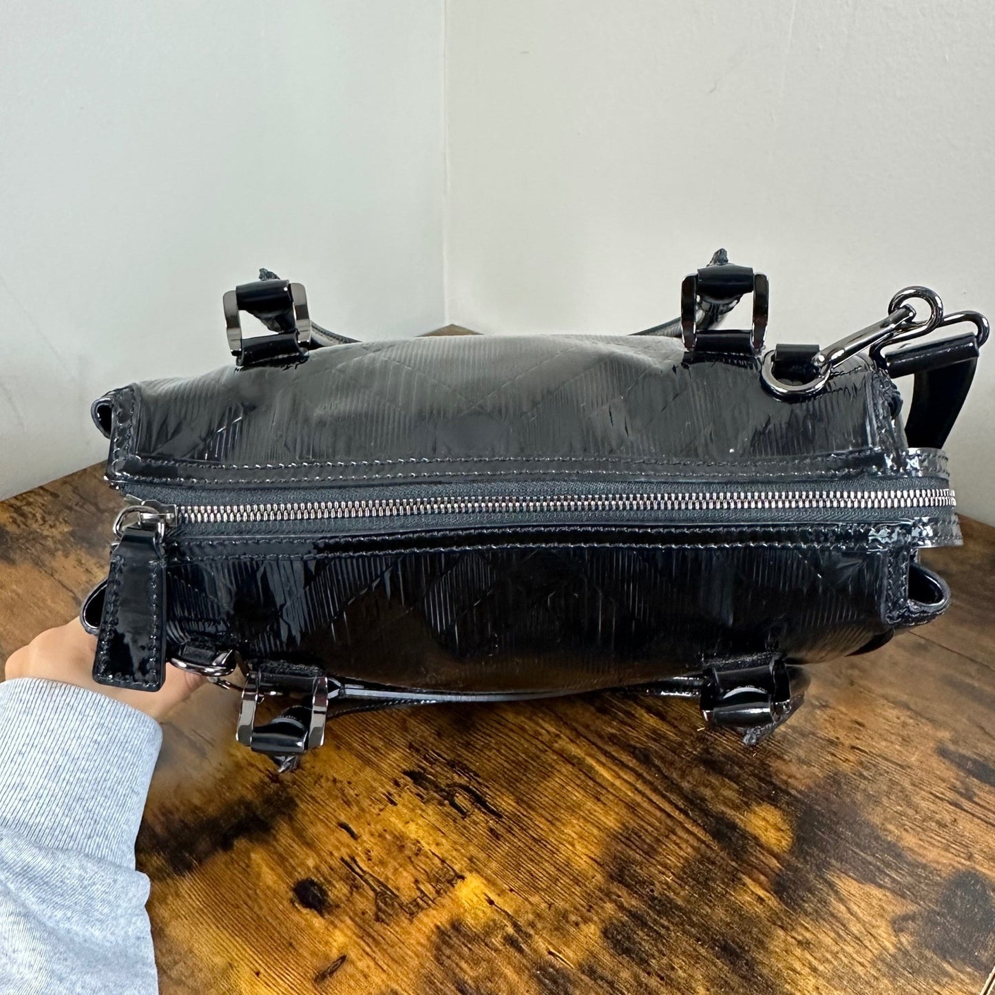 Burberry Black Patent Leather Satchel Handbag Shoulder Bag Made in Italy