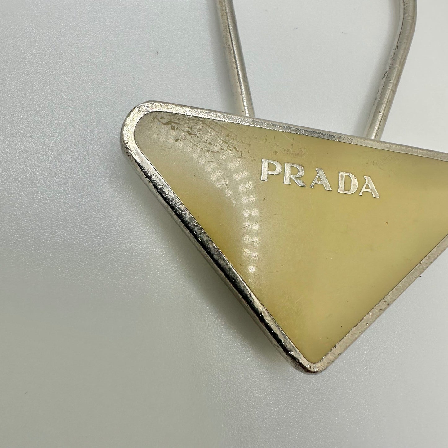 Authentic Prada Triangle Logo Key Ring Keychain Yellow Enamel Silver Tone