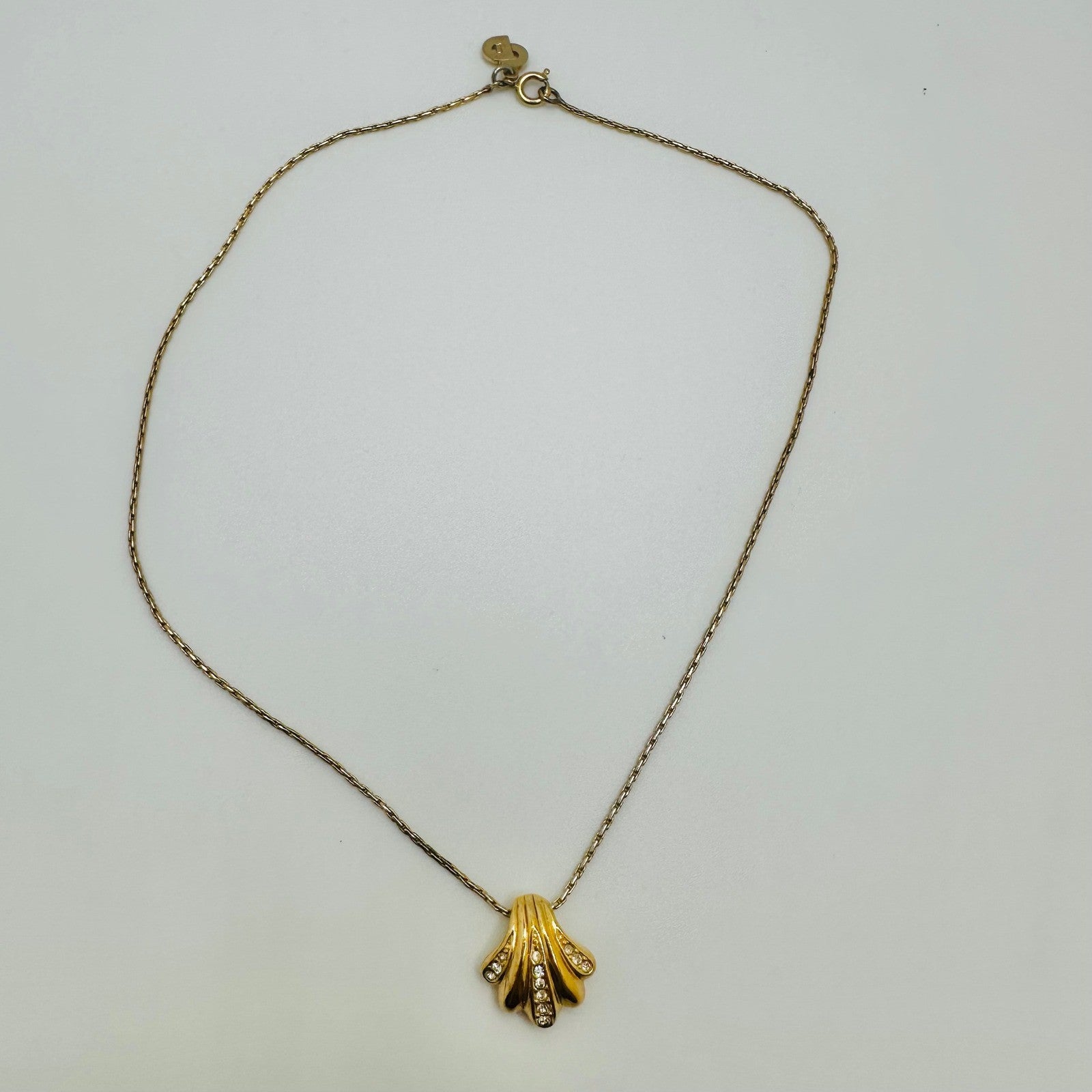 Vintage Christian Dior Gold Rhinestone Pendant Necklace Germany CD Logo