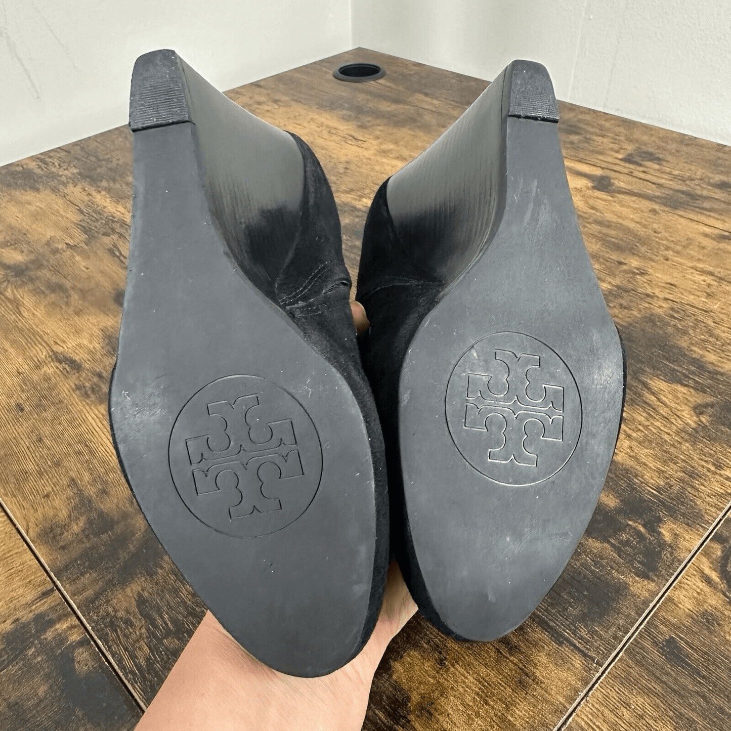 Tory Burch Gabrielle Buckle Suede Black Wedge Booties Size 6