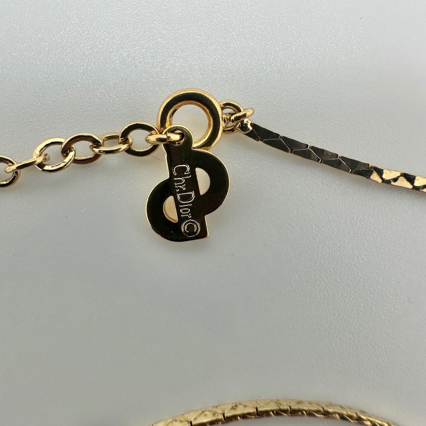 Christian Dior Necklace Gold Tone Rhinestone Logo Pendant Designer Jewelry