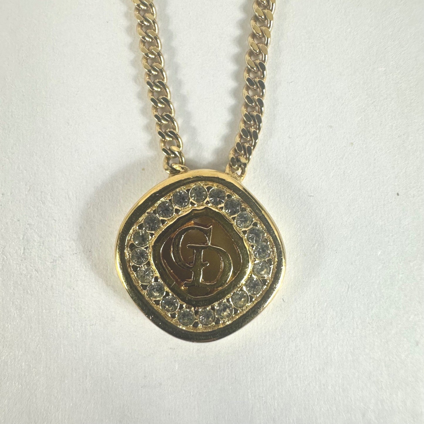 Vintage Christian Dior CD Logo Gold Crystal Pendant Necklace Chain