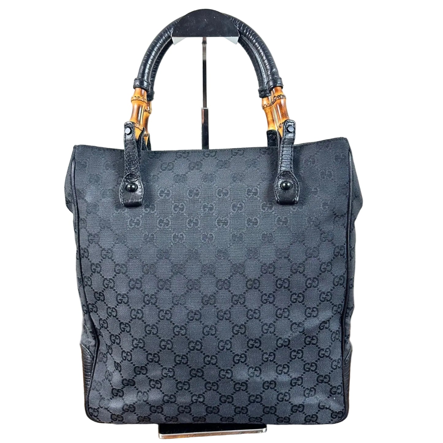 Gucci GG Canvas Bamboo Handle Tote Bag Handbag Black
