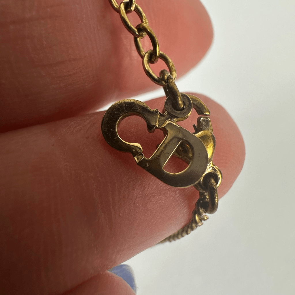 Christian Dior CD Logo Gold Tone Rhinestone Pendant Necklace