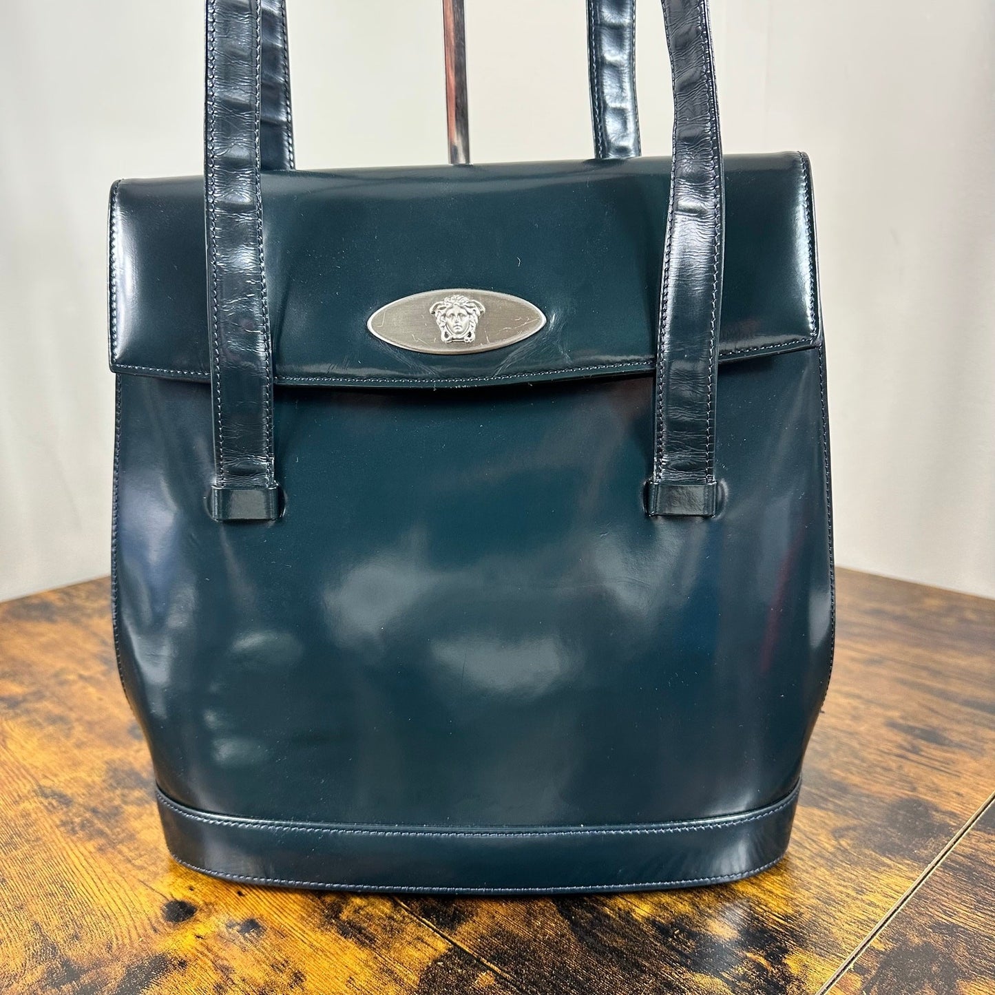 Gianni Versace Medusa Teal Patent Leather Shoulder Bag Vintage Authentic