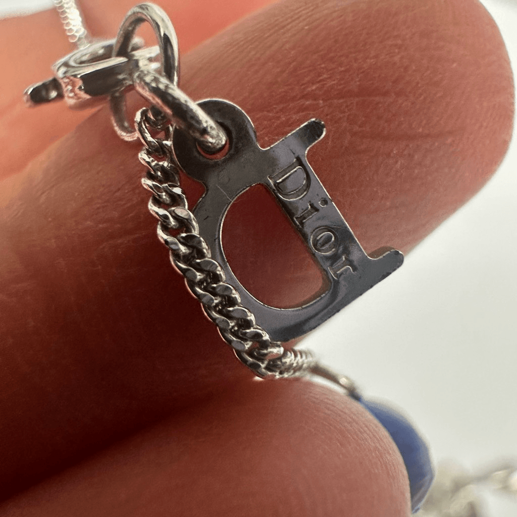 Christian Dior Letter D” Y-Drop Silver Tone Rhinestone Pendant Necklace