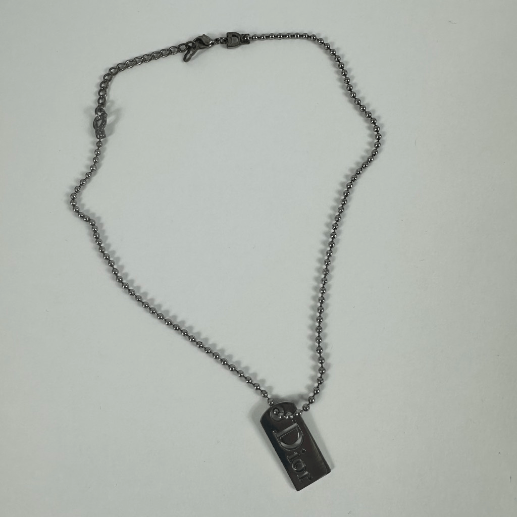 Christian Dior Silver Tone Dog Tag Ball Chain Pendant Necklace