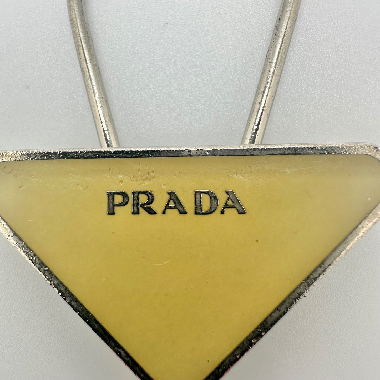 Authentic Prada Triangle Logo Key Ring Keychain Yellow Enamel Silver Tone