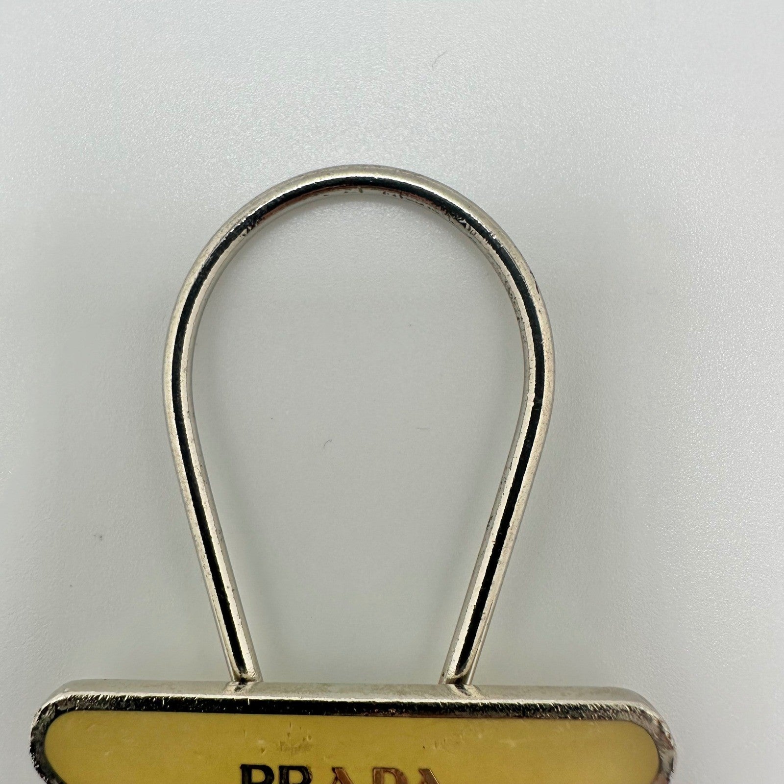 Authentic Prada Triangle Logo Key Ring Keychain Yellow Enamel Silver Tone