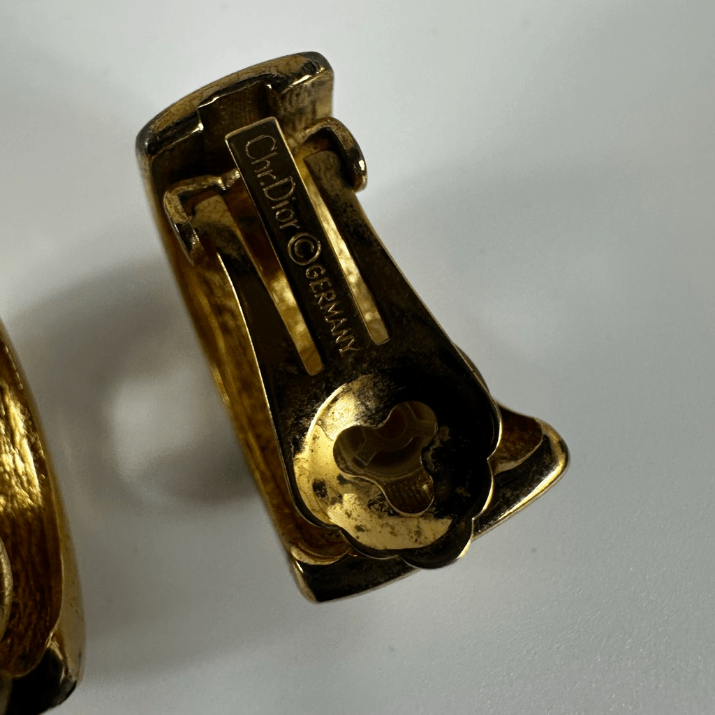 Christian Dior Vintage Hoop Clip On Earrings White Enamel Gold Tone Signed