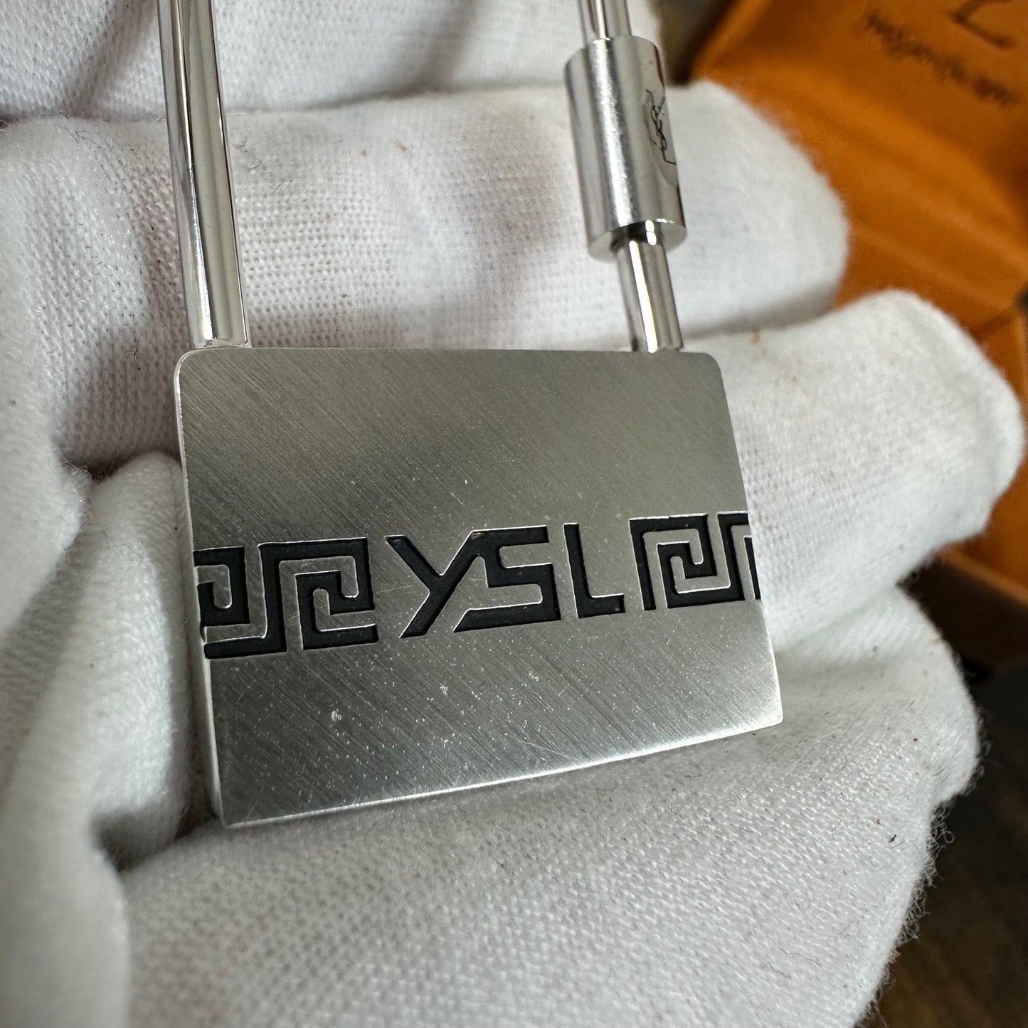 YSL Yves Saint Laurent Padlock Bag Charm Key Ring Silver Greek Key w/Box Vintage