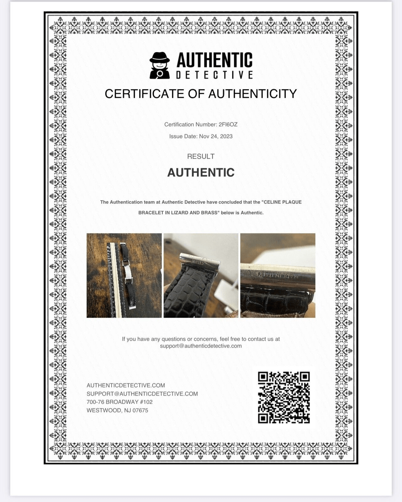 Celine Plaque Bracelet In Lizard And Brass With Certificate Of Authenticity