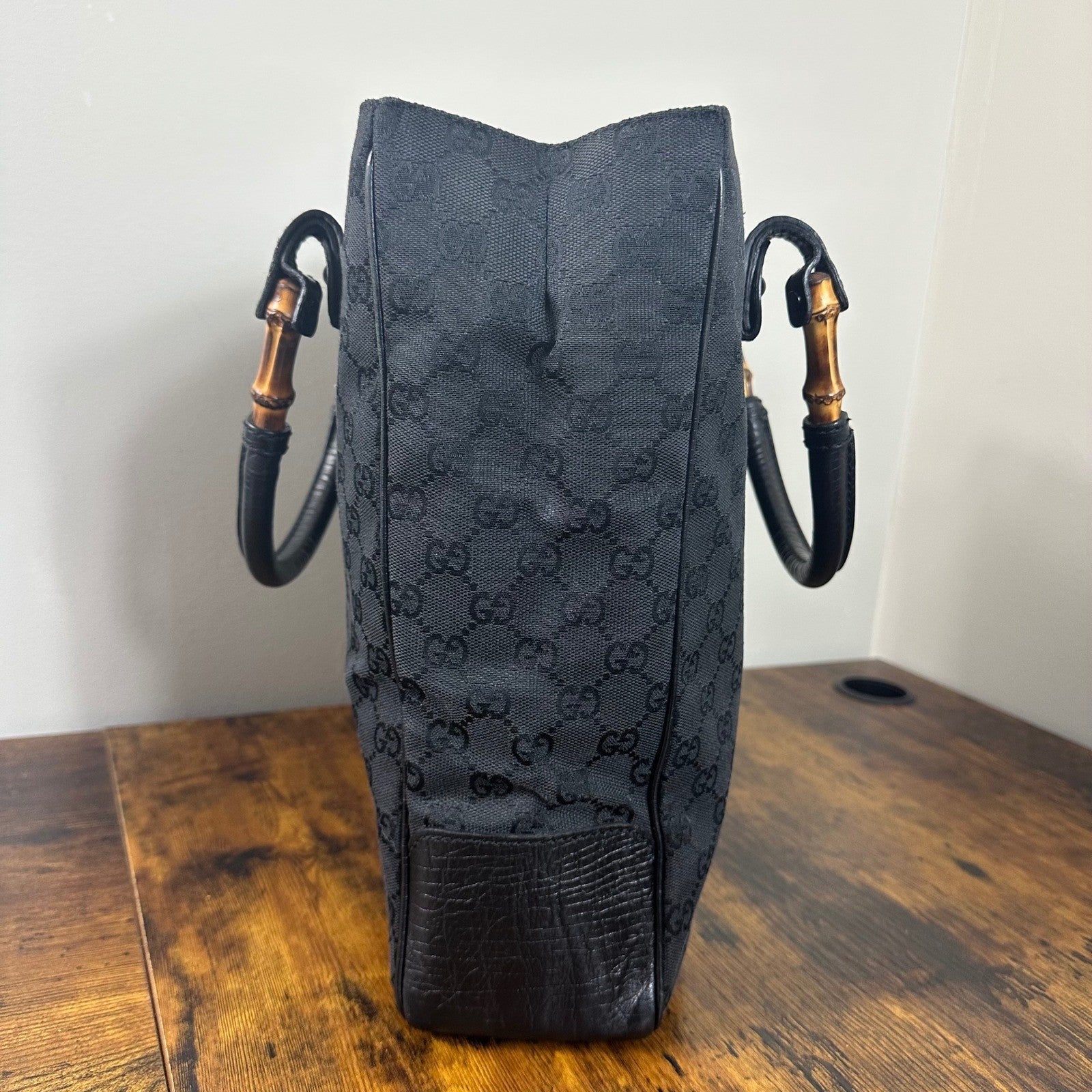 Gucci GG Canvas Bamboo Handle Tote Bag Handbag Black
