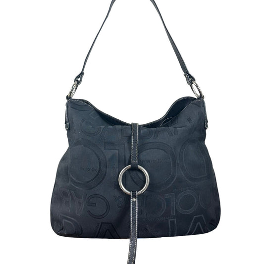 Dolce & Gabbana Black Logo Jacquard Hobo Shoulder Bag Leather Trim Ring Detail