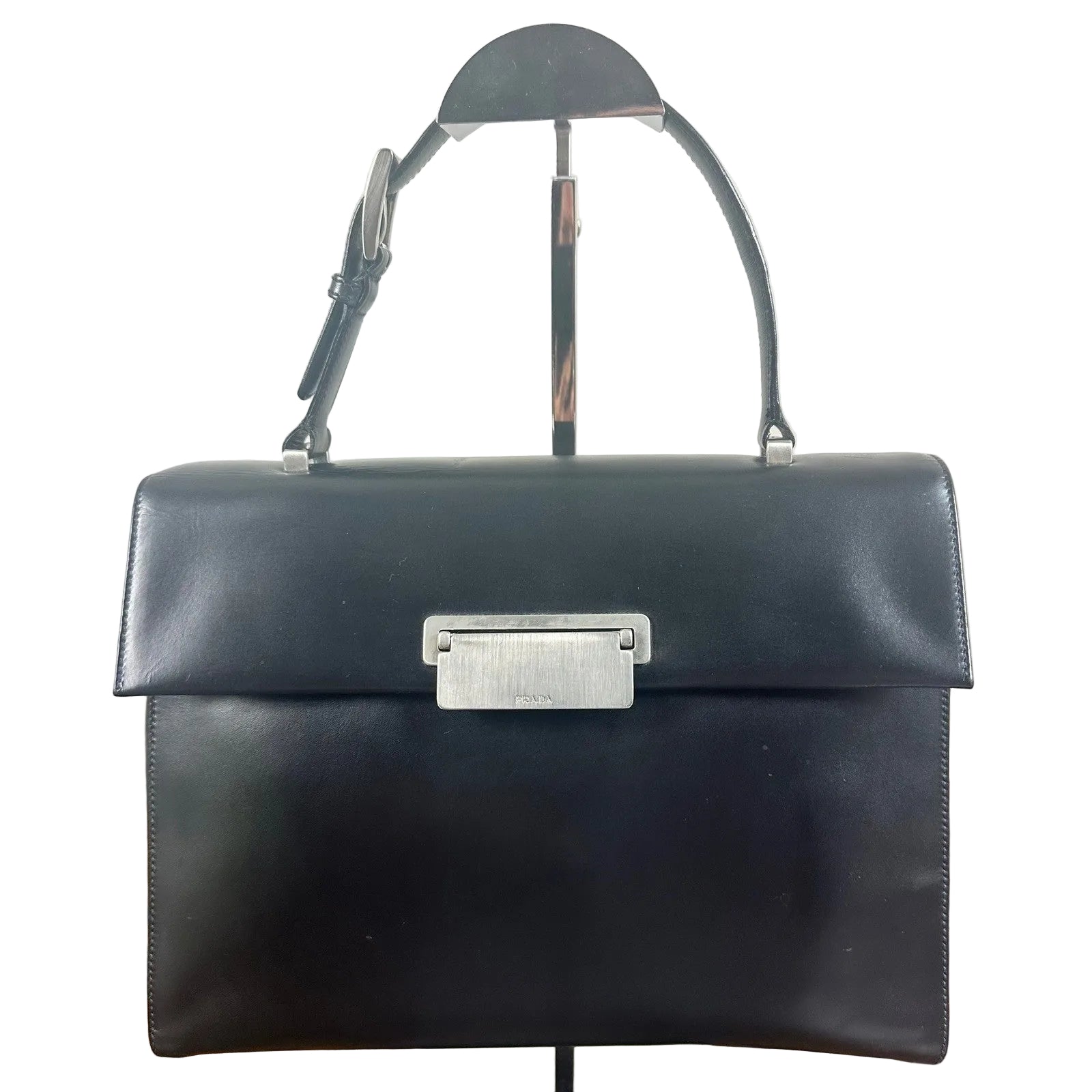 Prada Milano Vitello Lissato Black Leather Top Handle Bag Authentic Designer